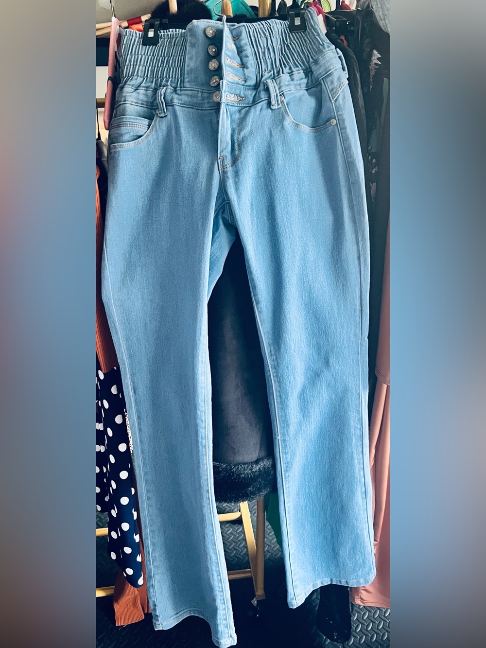 High-Rise Light Blue Women's Jeans with Shirred Waist and Button Fly